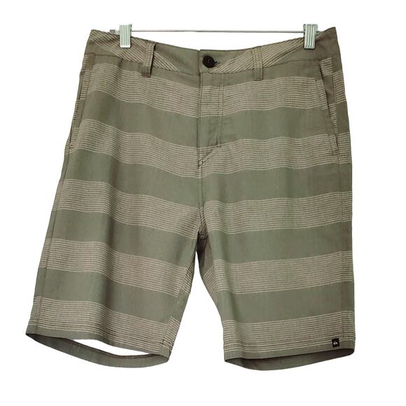 Quiksilver Board Shorts Mens Gray With Green Striped Stretch Quickdry 32 - Picture 1 of 6